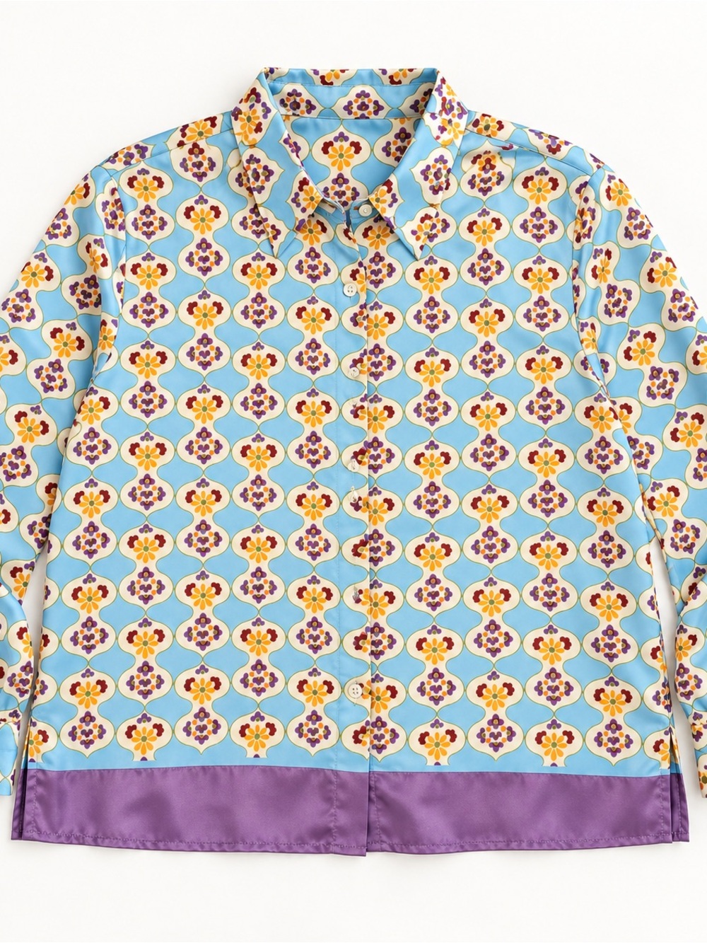 Zara Blue Purple Floral Print Button-Down Blouse Size Large